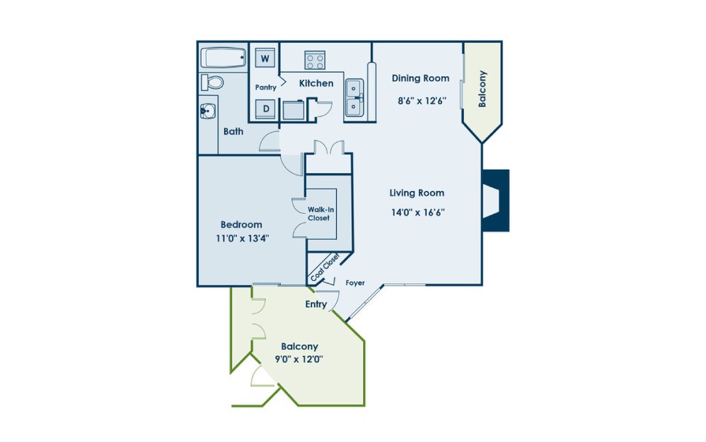 A2 - 1 bedroom floorplan layout with 1 bathroom and 774 square feet