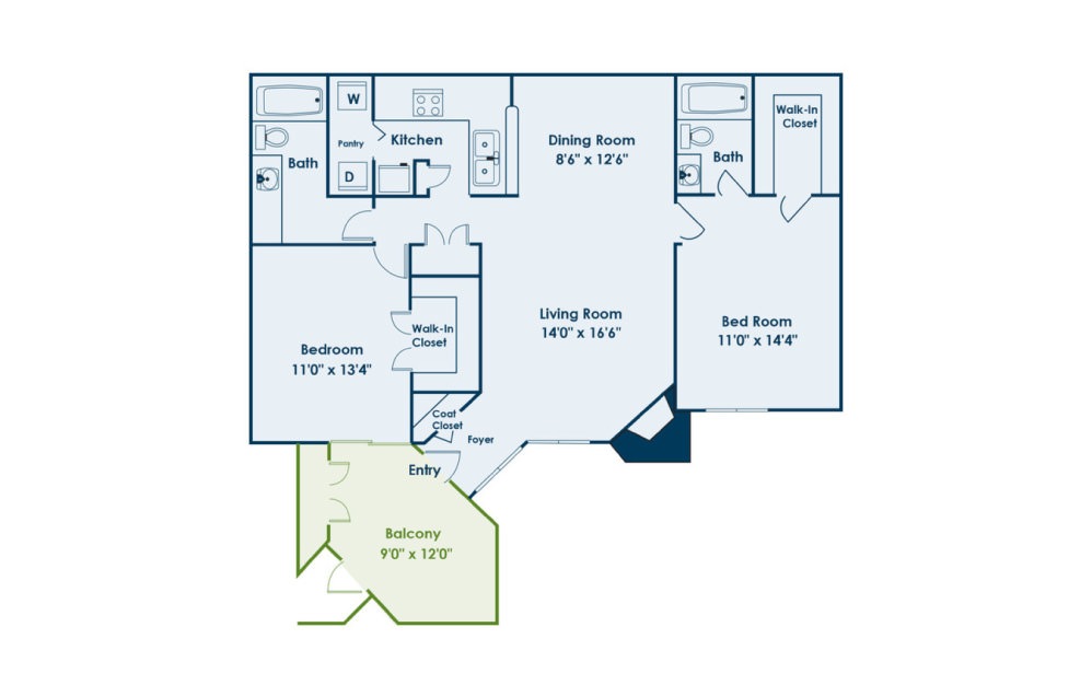 B1 - 2 bedroom floorplan layout with 2 baths and 1052 square feet.