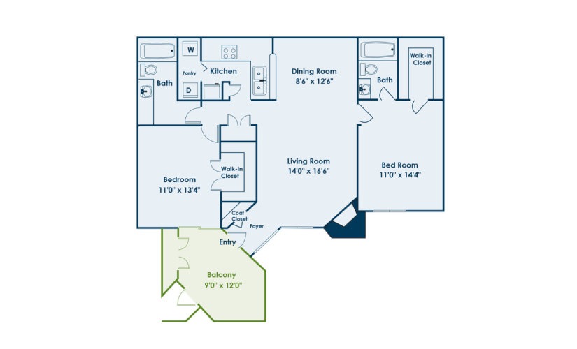 B1 - 2 bedroom floorplan layout with 2 bathrooms and 1052 square feet